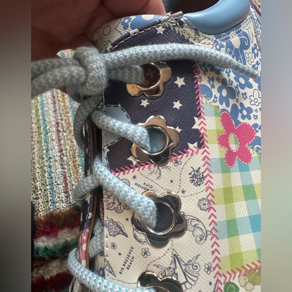 Fluevog NEW WO BOX Skyhigh F Fizzy blue/flowery leather platform lace-up shoe 10 - Picture 13 of 16